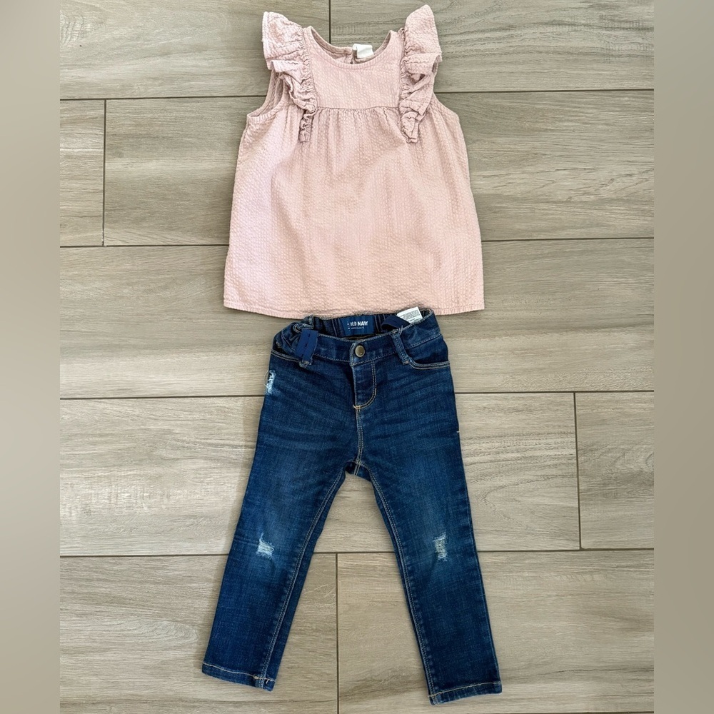 Pink Ruffle Top and Blue old navy skinny Jeans